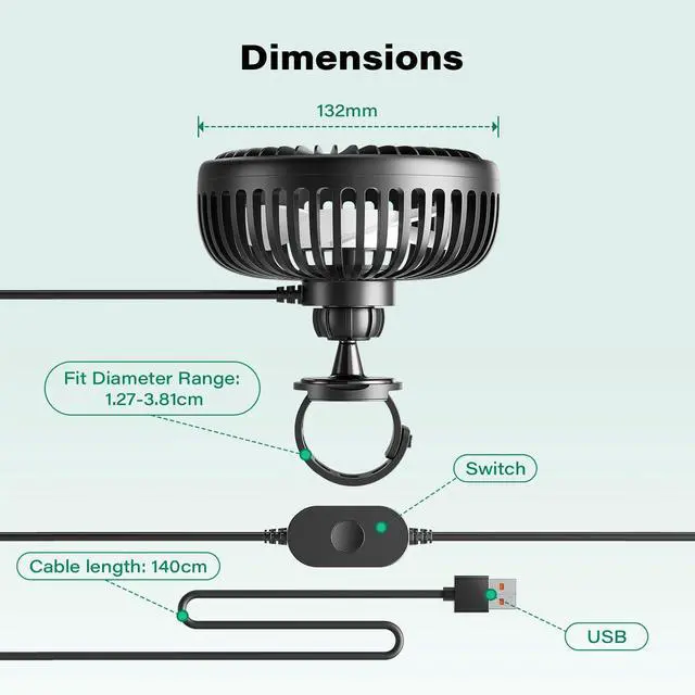 Alt view image 5 of 5 - ICARMOUNT Golf Cart Fan, 3 Speeds Personal Fan with 1.4m USB Cord, Adjustable Strap, Magnetic Base, Golf Cart Accessories for Yamaha/EZGO/Club Car, Strong Airflow Portable Fan for Travel, Camping, Gym