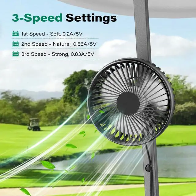 Alt view image 2 of 5 - ICARMOUNT Golf Cart Fan, 3 Speeds Personal Fan with 1.4m USB Cord, Adjustable Strap, Magnetic Base, Golf Cart Accessories for Yamaha/EZGO/Club Car, Strong Airflow Portable Fan for Travel, Camping, Gym