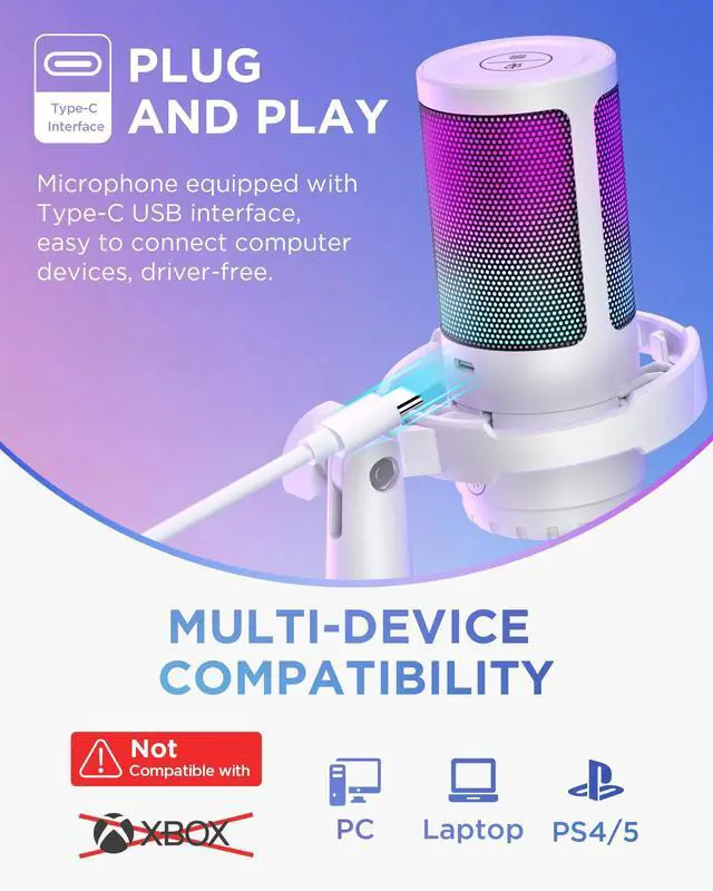 Alt view image 5 of 5 - InnoGear USB Gaming Microphone Set, Noise Cancellation Condenser Mic with Boom Arm RGB Mute Headphones Jack for Streaming Podcasting Recording Vocal PC Computer YouTube Discord PS4 PS5, White