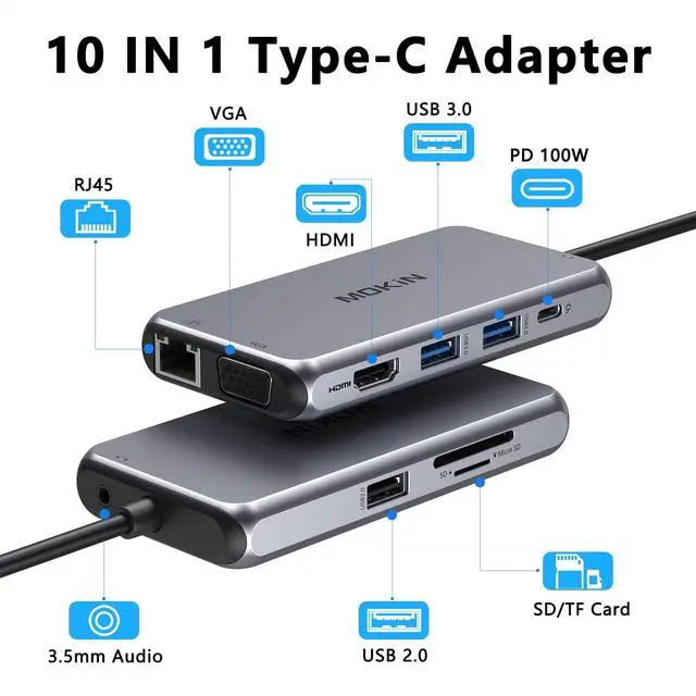 Alt view image 2 of 5 - USB C Hub Multiport Adapter, 10 in 1 USB C Docking Station with 4K HDMI, VGA, Ethernet, PD Port, 3 USB 3.0, SD/TF Card Reader and Mic/Audio for Dell/HP/Lenovo or More Type C Laptops