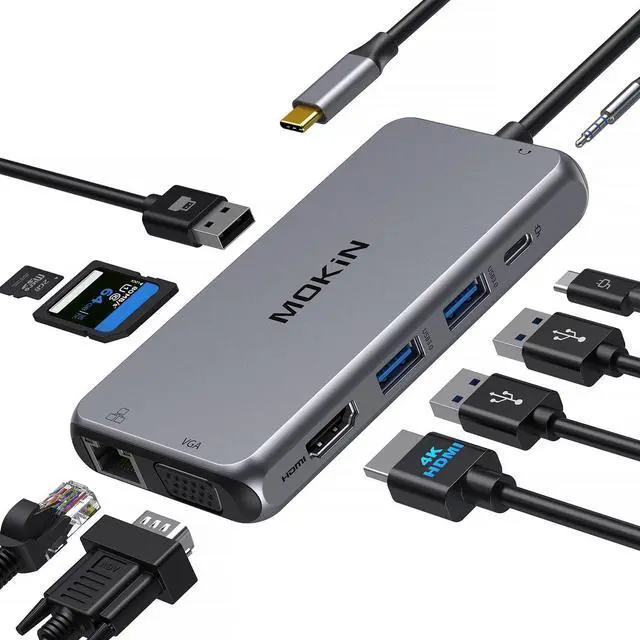 Main image of USB C Hub Multiport Adapter, 10 in 1 USB C Docking Station with 4K HDMI, VGA, Ethernet, PD Port, 3 USB 3.0, SD/TF Card Reader and Mic/Audio for Dell/HP/Lenovo or More Type C Laptops