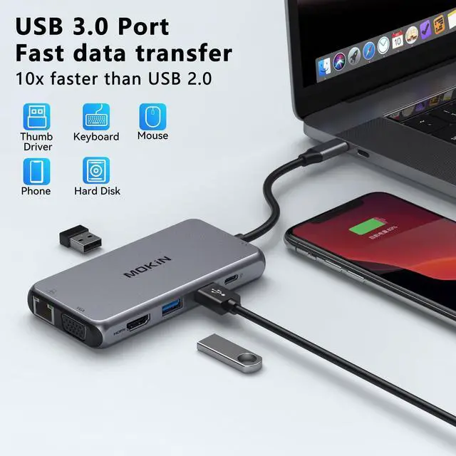 Alt view image 4 of 5 - USB C Hub Multiport Adapter, 10 in 1 USB C Docking Station with 4K HDMI, VGA, Ethernet, PD Port, 3 USB 3.0, SD/TF Card Reader and Mic/Audio for Dell/HP/Lenovo or More Type C Laptops