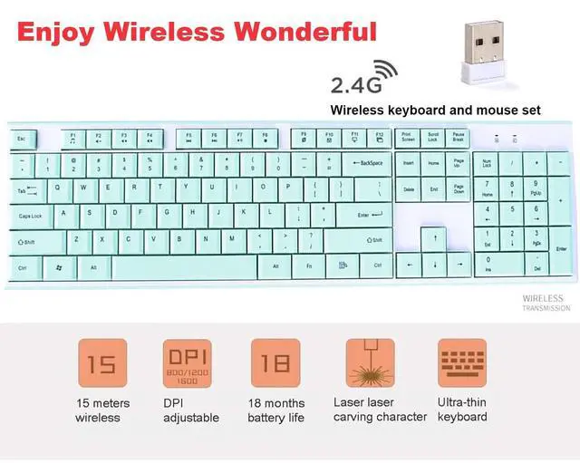 Alt view image 3 of 5 - Wireless Keyboard Mouse Combo, Full Sized 2.4G Cordless Keyboard with Silent Chocolate Keys Multimedia, Ultra-Thin Cute Keyboard and 1600dpi Mouse Set for Computer PC Laptop (Green)