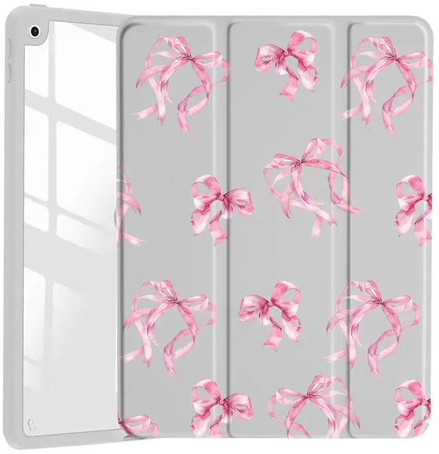 Main image of JOYLAND Elegant Pink Bow Pattern Case for iPad Pro 13-inch (M4) 2024, Clear Acrylic Hard Back Grey Case with Pencil Holder Trifold Stand Tablet Cover (Model Number:A2925/A2926/A3007)