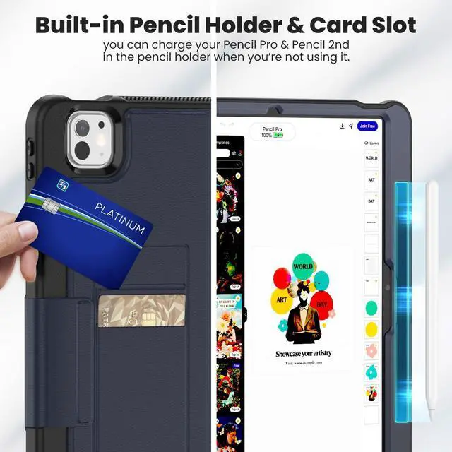 Alt view image 5 of 5 - KAIJIAbox Case for iPad Pro 13 Inch M4 2024,Full Body PU Leather Auto Sleep/Wake Shockproof Cover with Pencil Holder,Card Slot,Strong Magnetic Multi-Angle Stand(Dark Blue)