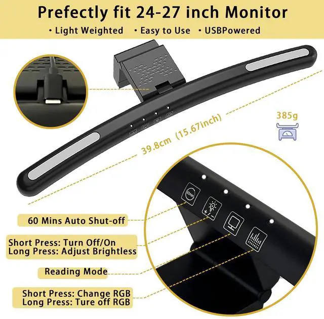 Alt view image 2 of 5 - Curved Monitor Light Bar for 24-27 Inch Curved Screens Light Bar with 7 RGB, Stepless Dimming 3 Color Temperatures USB Powered Gaming Computer Light