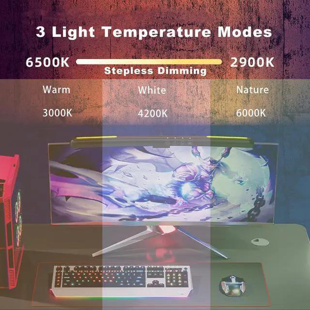 Alt view image 3 of 5 - Curved Monitor Light Bar for 24-27 Inch Curved Screens Light Bar with 7 RGB, Stepless Dimming 3 Color Temperatures USB Powered Gaming Computer Light