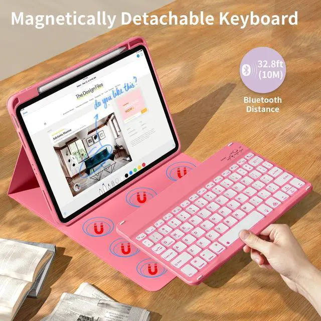 Alt view image 3 of 5 - kenke for iPad 11/10th Gen Case with Keyboard 11/10.9 inch 2025 A16/2022, Detachable Wireless Bluetooth Keyboard Case with Right Side Pencil Holder, Backlit White Square Keycaps (Pink