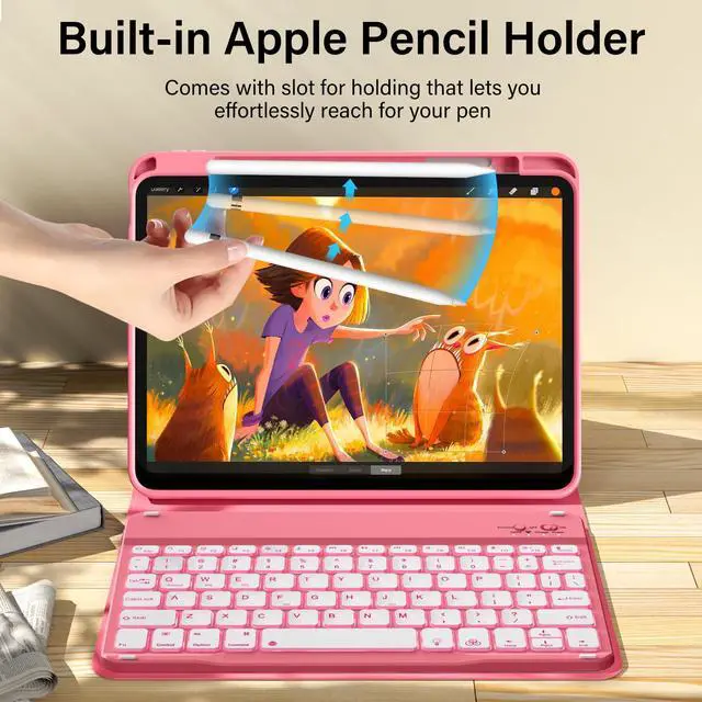 Alt view image 4 of 5 - kenke for iPad 11/10th Gen Case with Keyboard 11/10.9 inch 2025 A16/2022, Detachable Wireless Bluetooth Keyboard Case with Right Side Pencil Holder, Backlit White Square Keycaps (Pink