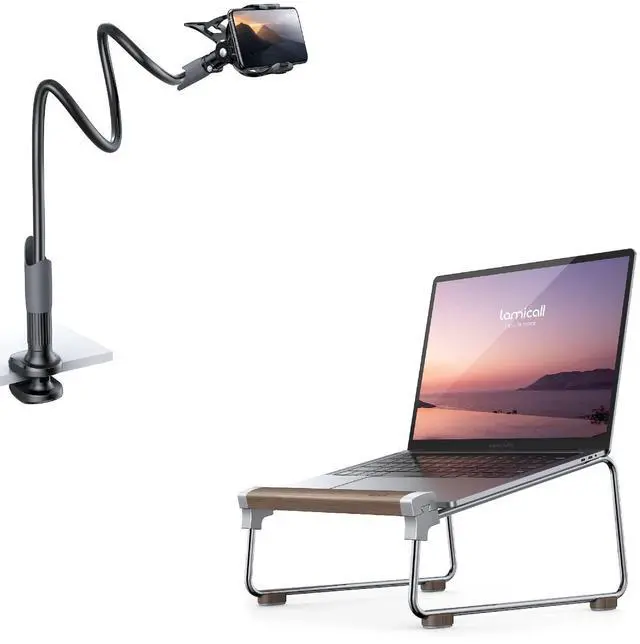 Main image of Lamicall Gooseneck Phone Holder and Wooden Laptop Stand