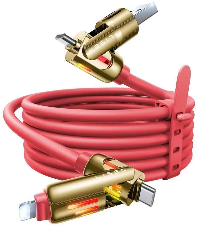 Main image of LISEN 240W Chubby USB C to USB C, 4 in 1 Charging Cable (6.6FT) with Light, USB A/C to C/L Multi Charging Cable for iPhone 16 15 14 Pro Max/MacBook/iPad Pro/SamSungS24,Red