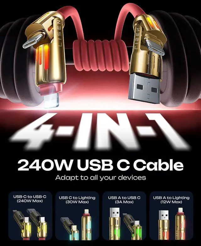 Alt view image 2 of 5 - LISEN 240W Chubby USB C to USB C, 4 in 1 Charging Cable (6.6FT) with Light, USB A/C to C/L Multi Charging Cable for iPhone 16 15 14 Pro Max/MacBook/iPad Pro/SamSungS24,Red