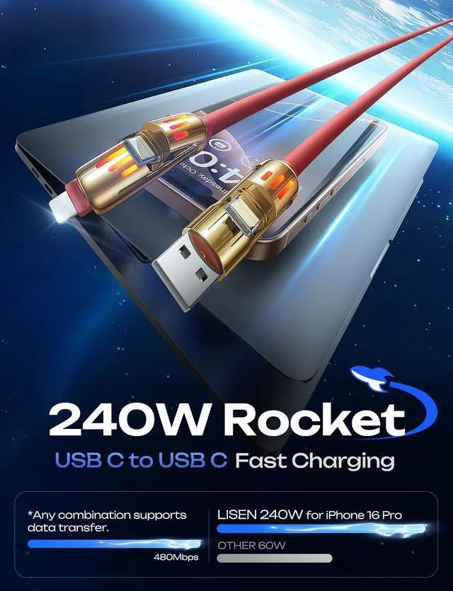 Alt view image 4 of 5 - LISEN 240W Chubby USB C to USB C, 4 in 1 Charging Cable (6.6FT) with Light, USB A/C to C/L Multi Charging Cable for iPhone 16 15 14 Pro Max/MacBook/iPad Pro/SamSungS24,Red