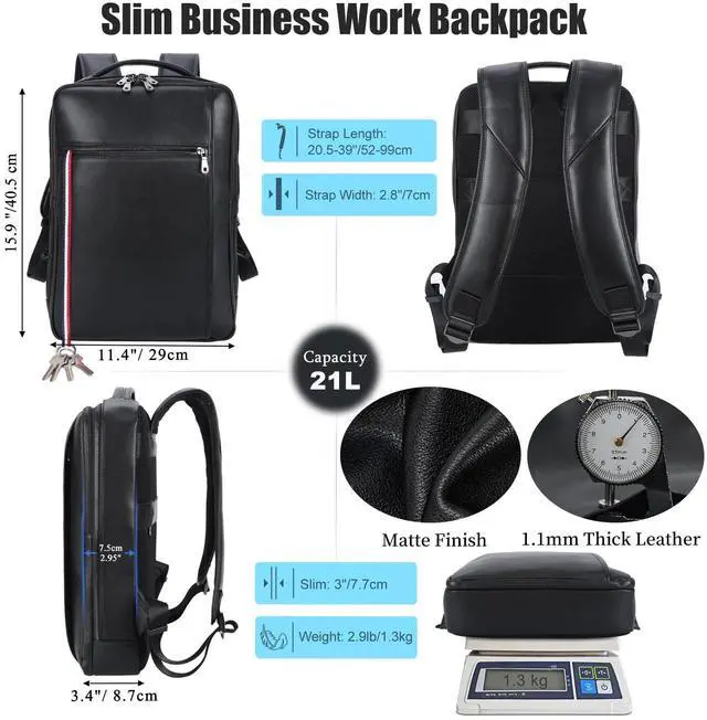 Alt view image 2 of 5 - Masa Kawa Slim Genuine Leather Business Backpack 15.6" Laptop Bag for Men Women Office Work Travel Small Thin Computer Casual Daypack, Black