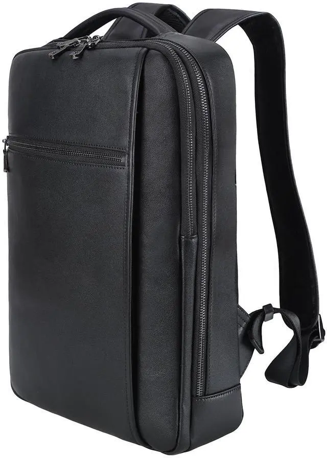 Main image of Masa Kawa Slim Genuine Leather Business Backpack 15.6" Laptop Bag for Men Women Office Work Travel Small Thin Computer Casual Daypack, Black