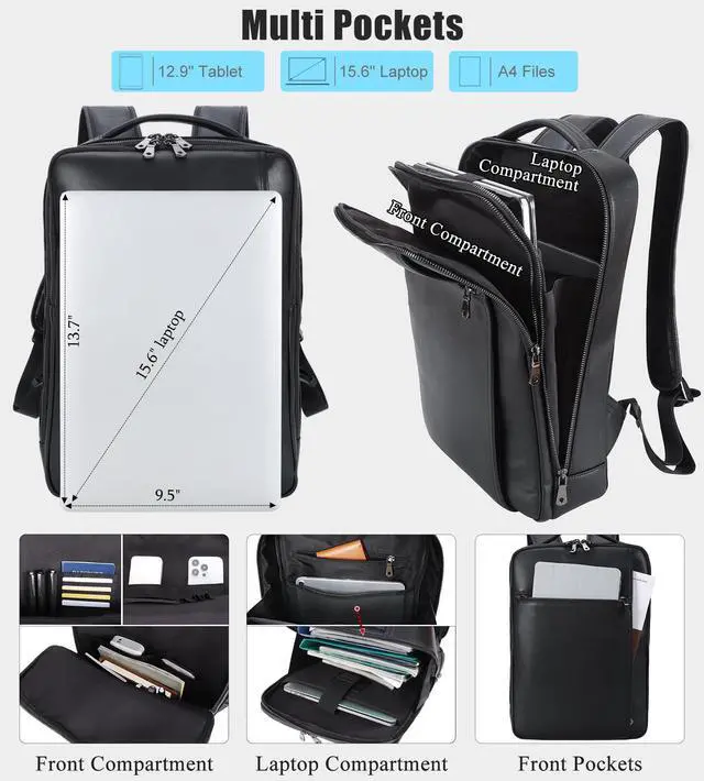 Alt view image 4 of 5 - Masa Kawa Slim Genuine Leather Business Backpack 15.6" Laptop Bag for Men Women Office Work Travel Small Thin Computer Casual Daypack, Black