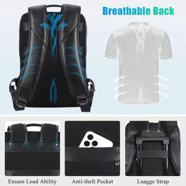 Alt view image 5 of 5 - Masa Kawa Slim Genuine Leather Business Backpack 15.6" Laptop Bag for Men Women Office Work Travel Small Thin Computer Casual Daypack, Black