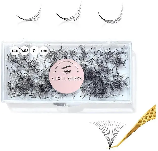 Main image of MDC LASHES 500 Promades Eyelash Fans| 5D-20D, 0.03-0.05-0.07 Thickness, C/CC/D Curls, 8-18mm| Volume Lash Extensions Premade Lash Fans Pro Pre Made False Eyelashes Pestañas Pelo A Pelo(20D-0.03-C-14)