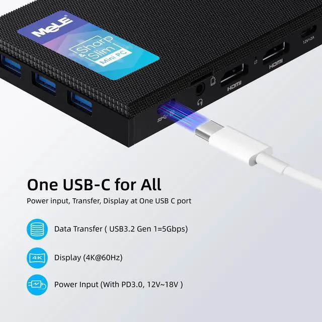 Alt view image 2 of 5 - MeLE Quieter3C Fanless Mini PC, Celeron N5105, 8GB RAM, 128GB Storage, Full-Function USB-C, WiFi 5, Support Triple Screen Display, Slim Desktop on Industrial, Home, Office