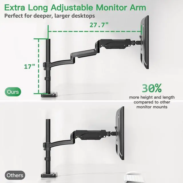 Alt view image 2 of 5 - MOUNT PRO Single Long Monitor Arm, 13 to 32 inch Computer Monitor Desk Mount, Extra Long Adjustable Screen Stand, Tall Display Mount with Tilt, Swivel, Rotation, Hold up to 19.8lbs, VESA 75/100mm
