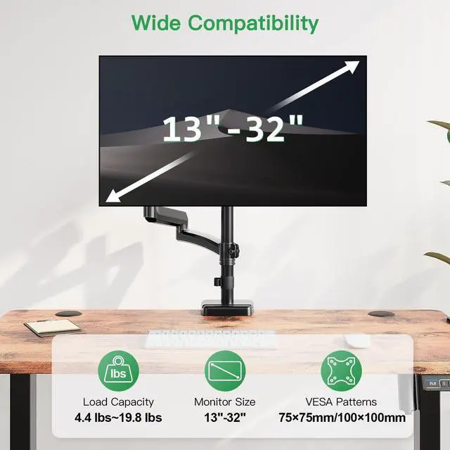 Alt view image 4 of 5 - MOUNT PRO Single Long Monitor Arm, 13 to 32 inch Computer Monitor Desk Mount, Extra Long Adjustable Screen Stand, Tall Display Mount with Tilt, Swivel, Rotation, Hold up to 19.8lbs, VESA 75/100mm
