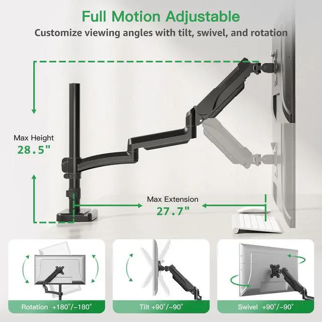 Alt view image 5 of 5 - MOUNT PRO Single Long Monitor Arm, 13 to 32 inch Computer Monitor Desk Mount, Extra Long Adjustable Screen Stand, Tall Display Mount with Tilt, Swivel, Rotation, Hold up to 19.8lbs, VESA 75/100mm