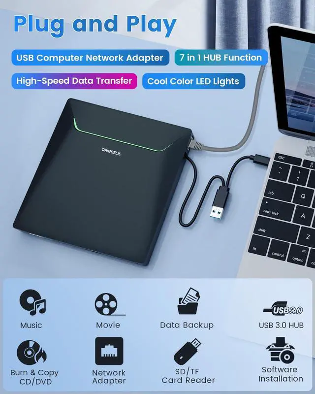 Alt view image 2 of 5 - New External CD DVD Drive, Cool DVD Burner USB 3.0 with Ethernet Adapter, 3 USB and 2 TF/SD Card Ports, CD DVD Player Reader Writer Optical Disc Drive for Laptop PC Windows Mac with Carrying Case