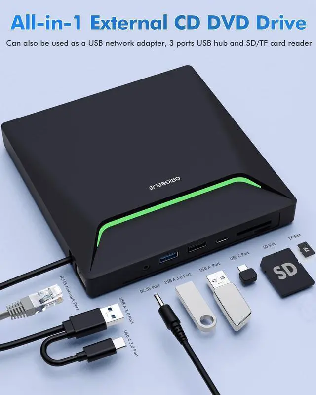 Alt view image 3 of 5 - New External CD DVD Drive, Cool DVD Burner USB 3.0 with Ethernet Adapter, 3 USB and 2 TF/SD Card Ports, CD DVD Player Reader Writer Optical Disc Drive for Laptop PC Windows Mac with Carrying Case