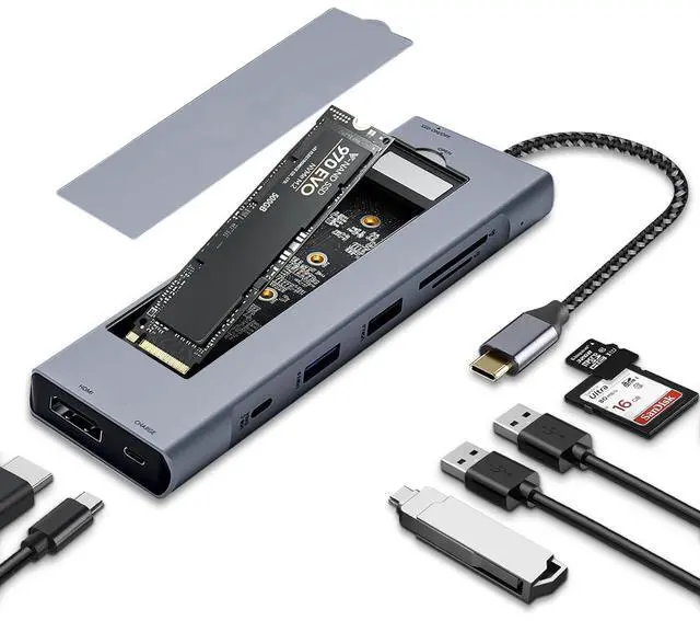 Main image of USB-C Hub with M.2 NVMe/SATA SSD Enclosure, 8 in 1 USB C Hub Adapter Fits PCIe 3.0 NVMe M.2 SSD,2.5-inch SATA HDD with 4K HDMI,10Gbps USB-C 3.1&USB 3.1,USB 2.0,SD/Micro SD,100W PD Compatible with XPS