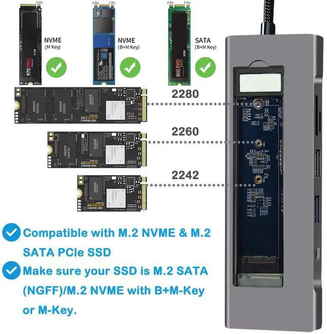 Alt view image 2 of 5 - USB-C Hub with M.2 NVMe/SATA SSD Enclosure, 8 in 1 USB C Hub Adapter Fits PCIe 3.0 NVMe M.2 SSD,2.5-inch SATA HDD with 4K HDMI,10Gbps USB-C 3.1&USB 3.1,USB 2.0,SD/Micro SD,100W PD Compatible with XPS