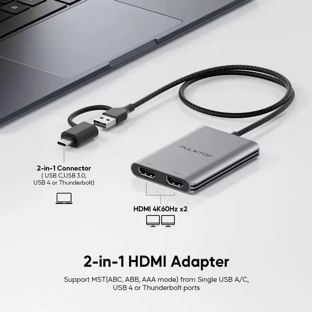 Alt view image 2 of 5 - PULWTOP Displaylink Adapter, USB C to HDMI Adapter with Dual Monitor for Mac M1/M2/M3/M4, USB C to Dual HDMI for MacBook, Laptops, iMac, Driver Required