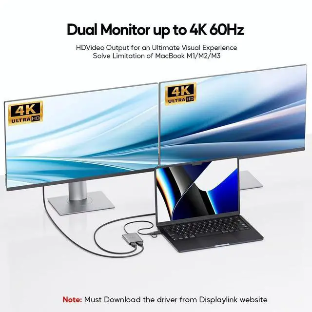 Alt view image 3 of 5 - PULWTOP Displaylink Adapter, USB C to HDMI Adapter with Dual Monitor for Mac M1/M2/M3/M4, USB C to Dual HDMI for MacBook, Laptops, iMac, Driver Required