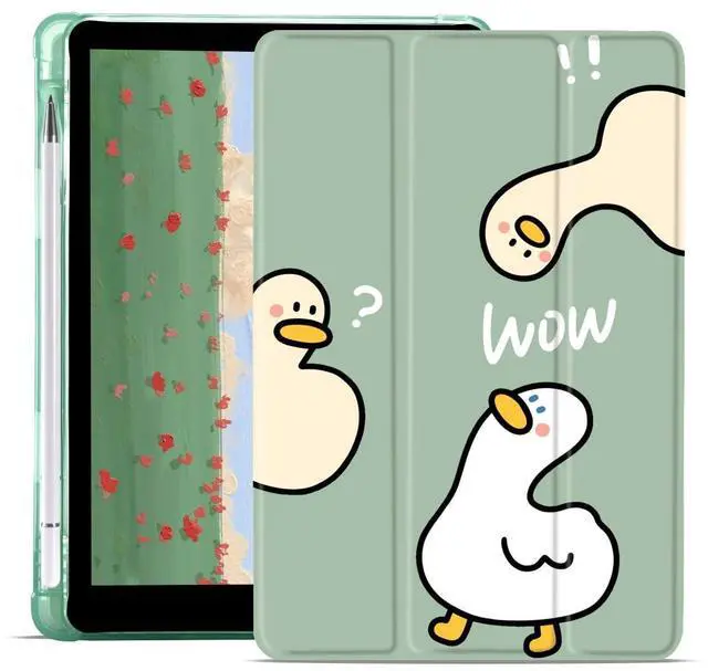 Main image of JOYLAND Funny Duck Pad Case for 10.2 Inch iPad 9th/7th/8th Generation with Pencil Holder, Foldable for iPad 2021/2020/2019 Case Cartoon Green Leather Protective Cover, Auto Wake/Sleep
