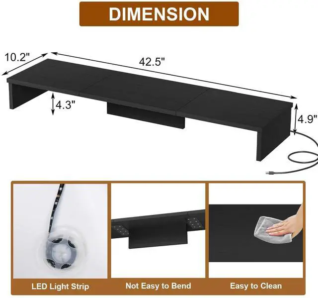 Alt view image 4 of 5 - TV Riser Stand with LED Lights, 42.5" Super Large Monitor Stand Riser, Tabletop TV Stand Riser for Desk, Desk Shelf for Top of Desk, Desktop Organizer for Computer, TV, Laptop, Printer