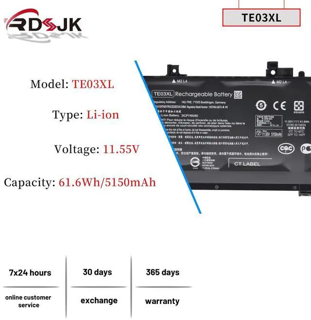 Alt view image 2 of 5 - TE03XL 11.55V 61.6Wh Battery for HP Pavilion Notebook PC 15 Omen 15-AX033DX 15-AX000 Series 849910-850 HSTNN-UB7A 849570-541 849570-542 849570-543 TPN-Q173