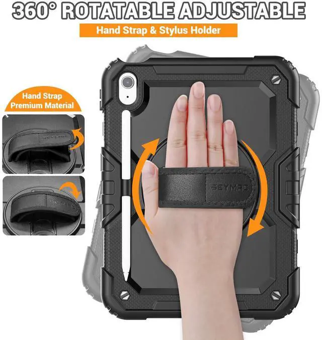 Alt view image 3 of 5 - SEYMAC for iPad (A16) 11th/10th Generation Case 2025/2022 (11/10.9), Sturdy Heavy Duty Full-Body Shockproof Protective Case with Screen Protector, Rotating Stand, Hand/Shoulder Strap, Black