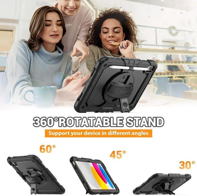 Alt view image 4 of 5 - SEYMAC for iPad (A16) 11th/10th Generation Case 2025/2022 (11/10.9), Sturdy Heavy Duty Full-Body Shockproof Protective Case with Screen Protector, Rotating Stand, Hand/Shoulder Strap, Black
