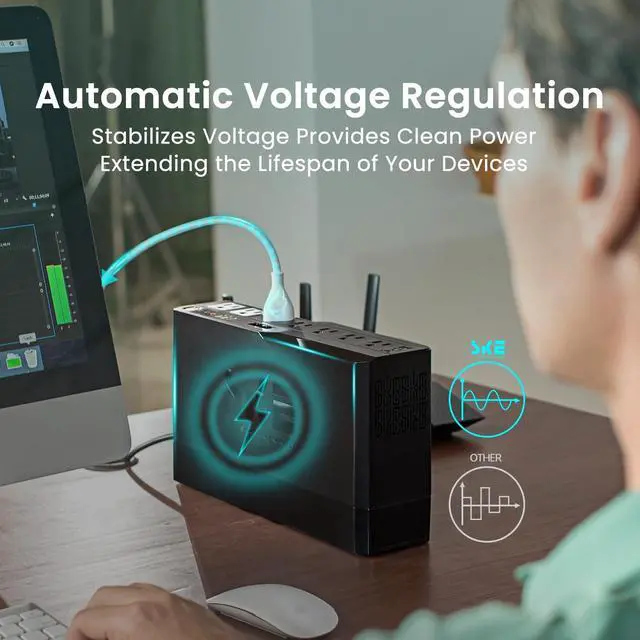 Alt view image 5 of 5 - SKE SMART KEY ENERGY Compact Size 625VA/360W UPS Battery Backup & Surge Protector for Computer, Router, Modem & Network Devices