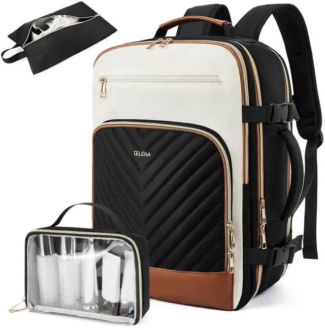 Main image of Telena Travel Backpack for Women, 15.6 inch Laptop Backpack TSA Carry on Backpack Personal Item Size Flight Approved Travel Bag Daypack with Multi-Pockets for Work, Travel, Business, Black-Beige-Brown