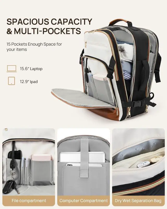 Alt view image 2 of 5 - Telena Travel Backpack for Women, 15.6 inch Laptop Backpack TSA Carry on Backpack Personal Item Size Flight Approved Travel Bag Daypack with Multi-Pockets for Work, Travel, Business, Black-Beige-Brown