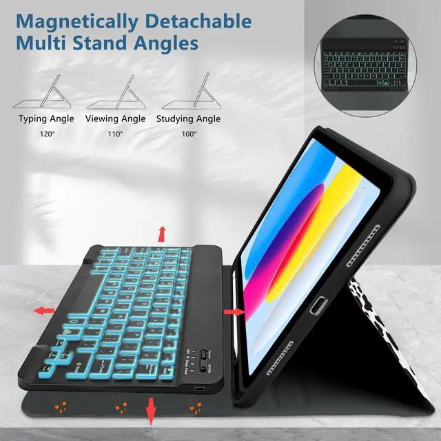 Alt view image 3 of 5 - TopPerfekt for Bluetooth Keyboard iPad 10th Gen 10.9 inch (2022) case iPad (A16) 11th/ 10th Gen Case 11'' (2025) with 7-Color Backlights, Pencil Holder, Detachable, Rechargeable-NotebookCow Black