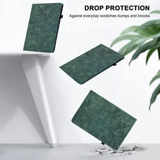 Alt view image 2 of 5 - Kindle Fire Max 11 Case (2023) - Embossed Lace PU Leather Flip Folio with Elastic Band & Card Slots, Multi-Angle Stand, Green