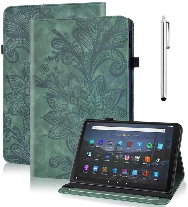 Main image of Kindle Fire Max 11 Case (2023) - Embossed Lace PU Leather Flip Folio with Elastic Band & Card Slots, Multi-Angle Stand, Green