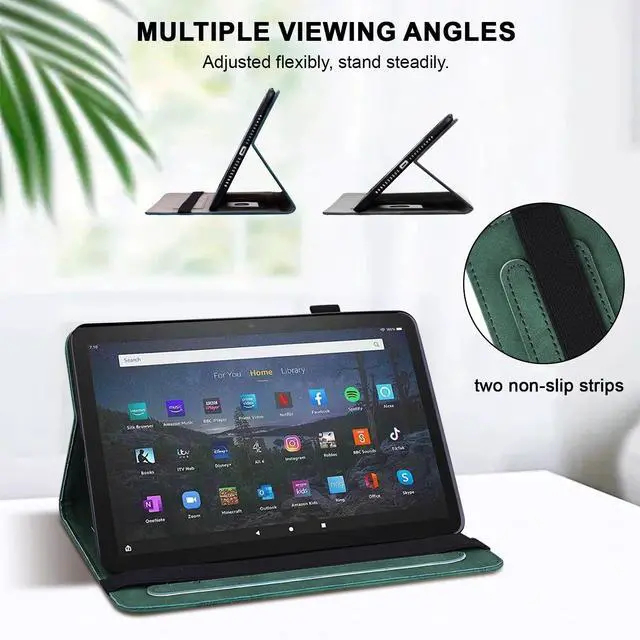 Alt view image 3 of 5 - Kindle Fire Max 11 Case (2023) - Embossed Lace PU Leather Flip Folio with Elastic Band & Card Slots, Multi-Angle Stand, Green