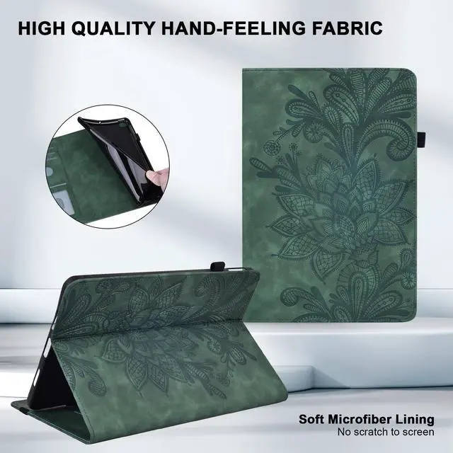 Alt view image 5 of 5 - Kindle Fire Max 11 Case (2023) - Embossed Lace PU Leather Flip Folio with Elastic Band & Card Slots, Multi-Angle Stand, Green