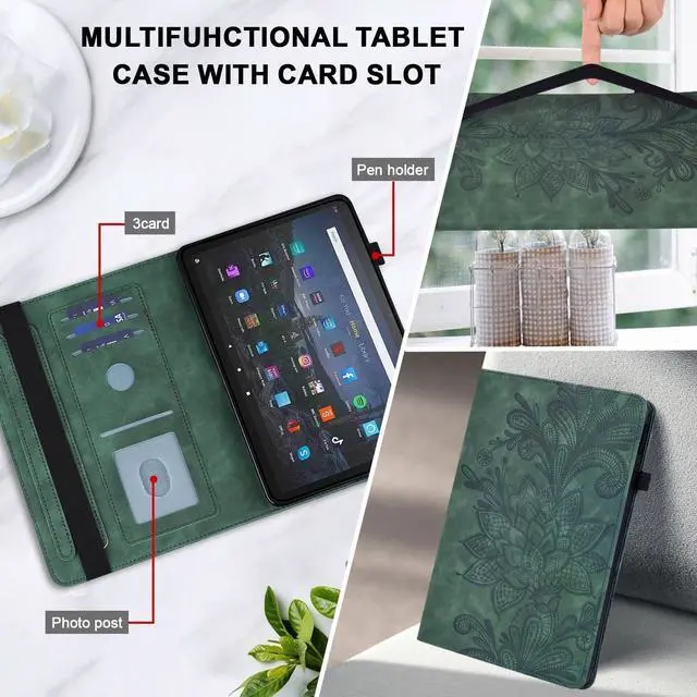 Alt view image 4 of 5 - Kindle Fire Max 11 Case (2023) - Embossed Lace PU Leather Flip Folio with Elastic Band & Card Slots, Multi-Angle Stand, Green