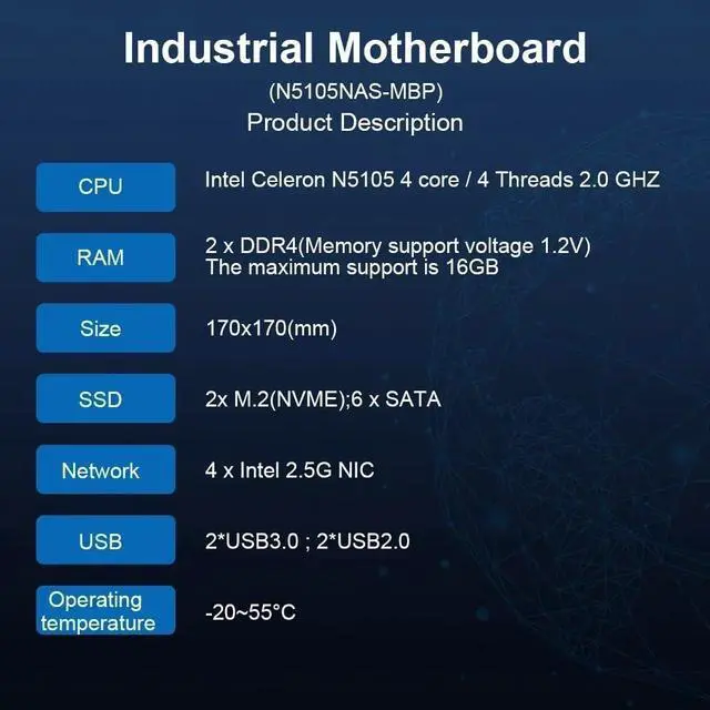 Alt view image 5 of 5 - N6005 Industria NAS Motherboards 4 Cores 4 Threads Low Power Processor 4x2.5G i226 Network 2 M.2 Slot 6xSATA DP HDMI Mini ITX 17x17CM Soft Routing Board