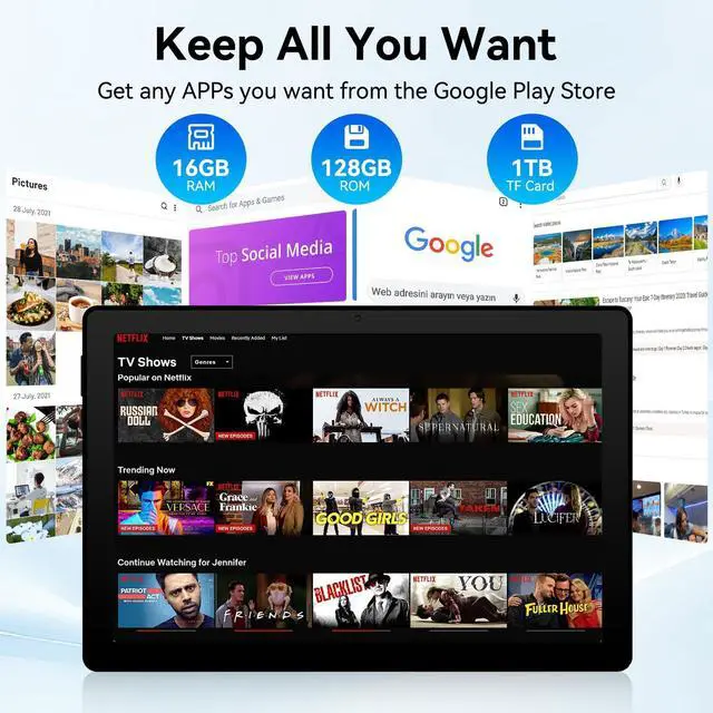 Alt view image 3 of 5 - Tablet, Android Tablet, 16GB RAM 128GB ROM 1TB Expansion, 8-Core Processor, Android 14, 11 inch 1280x800 FHD Touch Screen, Widevine L1, Dynamic Halo, Dual Camera, WiFi6,BT5.3, 6800mAh Battery