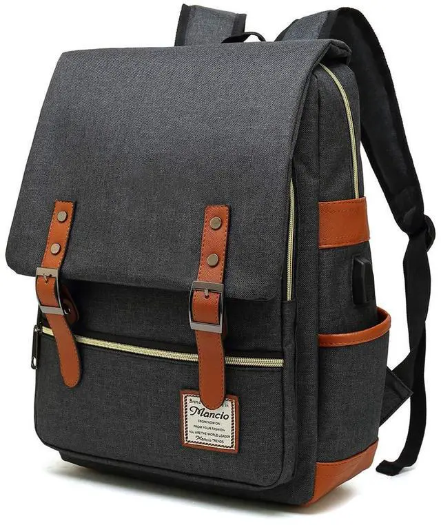 Main image of Mancio Vintage Laptop Backpack with USB Charging Port, Slim Tear Resistant Business Backpack for Travelling, College, Daypacks for Men,Women, Fits up to 15.6Inch Notebook in Black