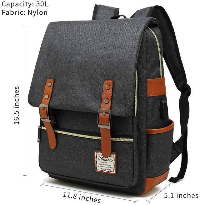 Alt view image 2 of 5 - Mancio Vintage Laptop Backpack with USB Charging Port, Slim Tear Resistant Business Backpack for Travelling, College, Daypacks for Men,Women, Fits up to 15.6Inch Notebook in Black